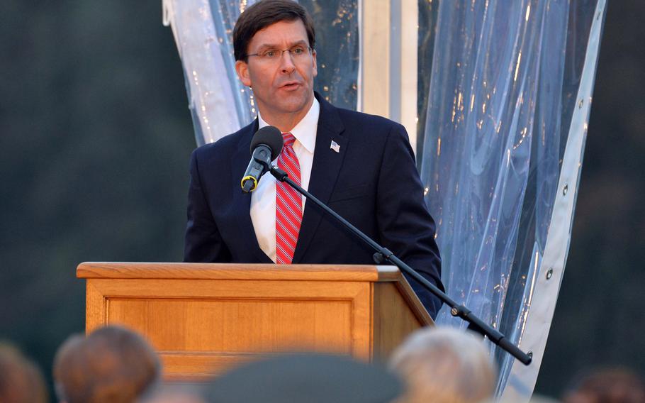 U.S. Defense Secretary Mark T. Esper speaks at the commemorations at the Luxembourg American Cemetery marking the 75th anniversary of the Battle of the Bulge, Monday, Dec. 16, 2019.










