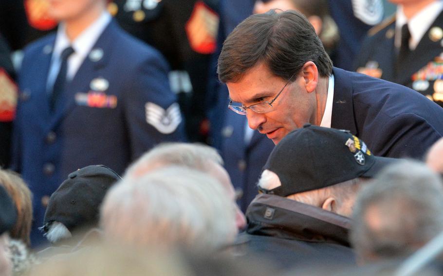 U.S. Defense Secretary Mark T. Esper talks to Battle of the Bulge veterans after laying a wreath at the commemorations marking the 75th anniversary of the Battle of the Bulge at Luxembourg American Cemetery  Monday, Dec. 16, 2019.









