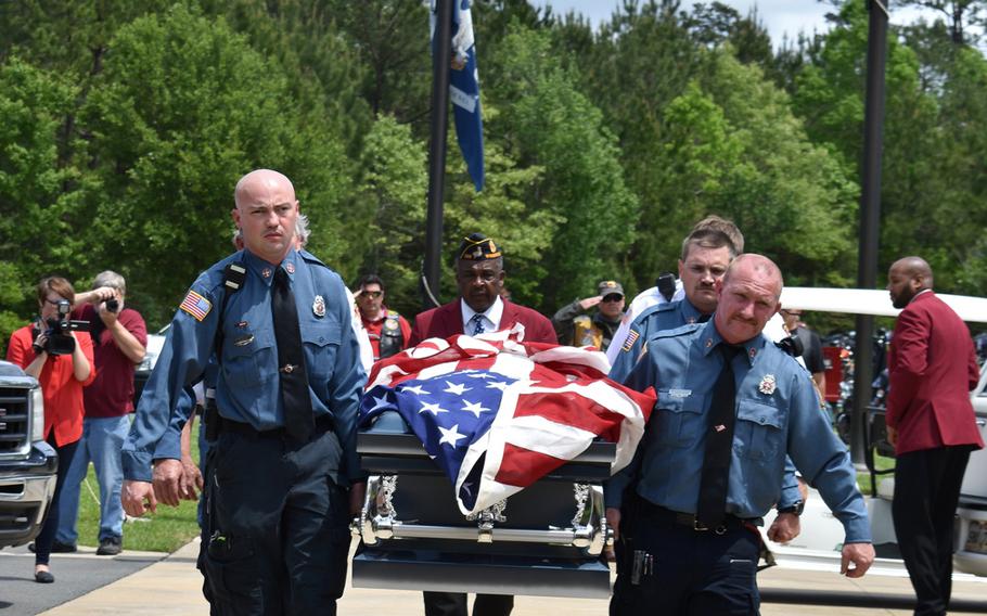 The casket of former Army Pfc. Thomas Bernard Winn is carried into the Central Louisiana Veterans Cemetery in Leesville on April 17, 2019. Winn died April 2 at age 65. The state was unable to identify any relatives, so the Louisiana Department of Veterans Affairs worked with local charities to bury Winn with full military honors and to provide a funeral. 