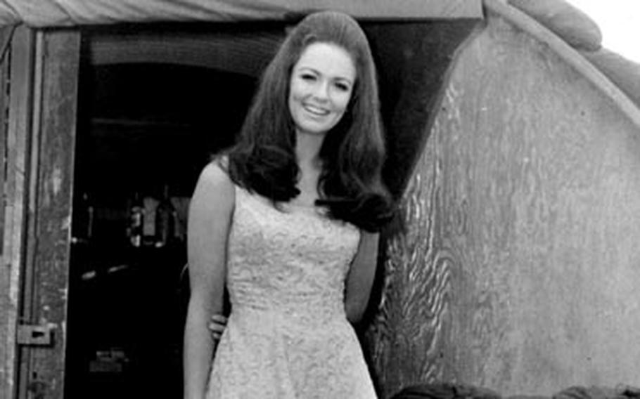 Phyllis George, Miss America of 1971, visits the 1st Air Cavalry Division’s Fire Support Base Mace.