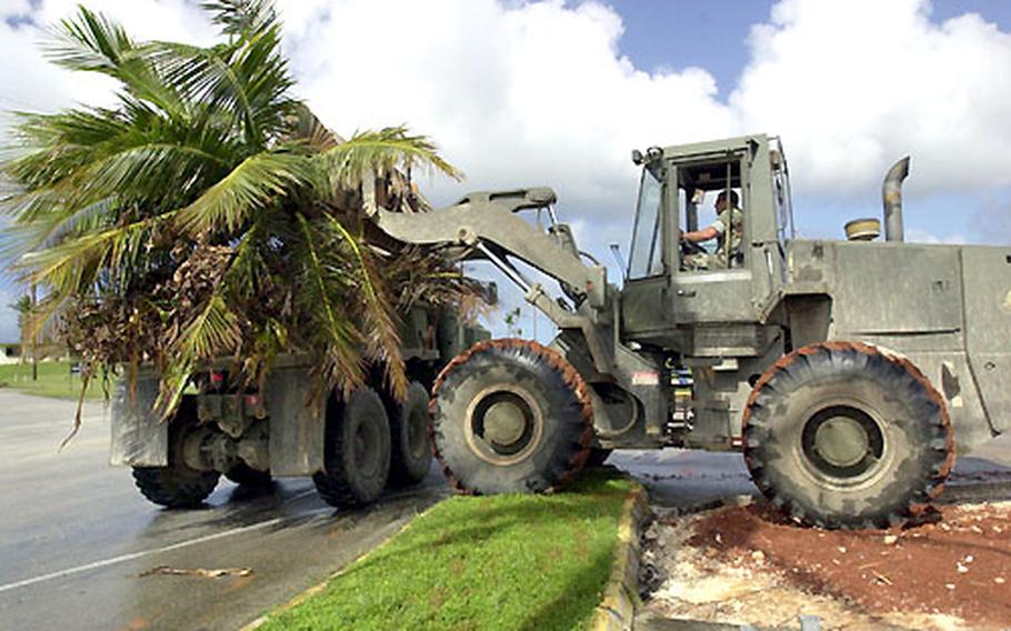 With a front-end loader, Constructionman Jason Pugh picks up a whole coconut tree that a super typhoon downed on US Naval Forces Marianas in Guam.