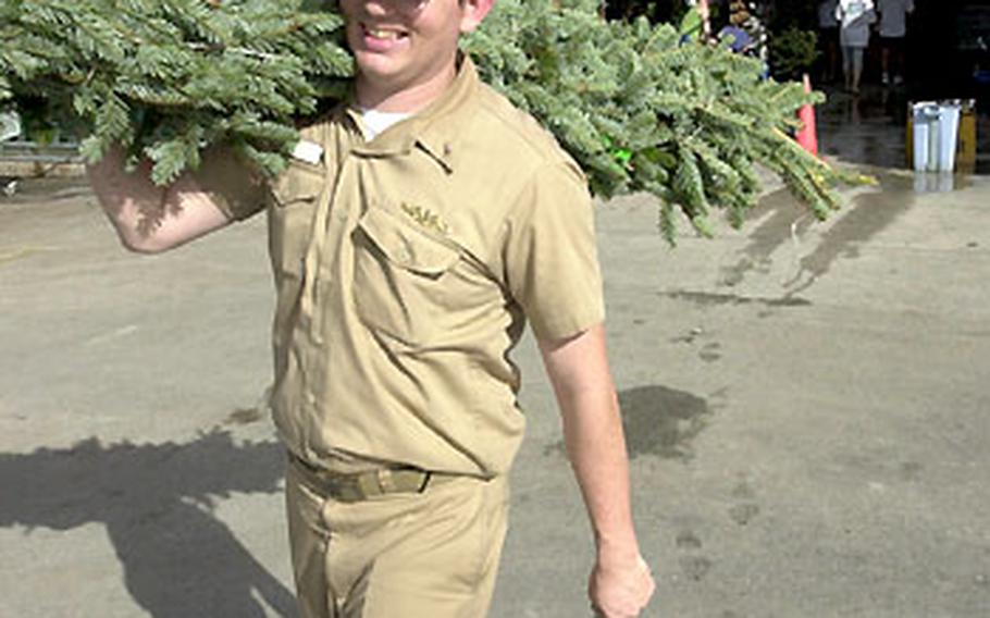 Lt. j.g. Daniel Gorman, from the USS City of Corpus Christi, carries home a Christmas tree from US Naval Forces Marianas&#39; Navy Exchange in Guam.