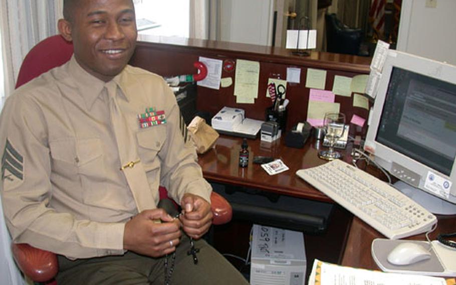 In his office at the Pentagon, Sgt. Earl Lopez sometimes takes a break from his busy schedule by either saying the Rosary, a string of beads which Catholics use to say a set of prayers, or by logging onto to a Web site that features Catholic prayers.