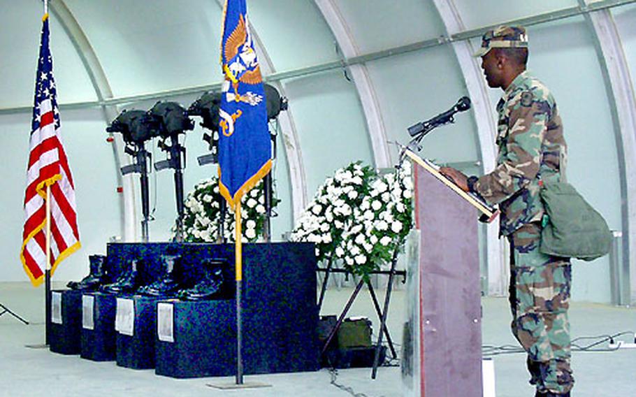 Capt. Octavious Gibbons, commander of the 5th Battalion, 158 Aviation Regiment&#39;s Alpha Company, eulogizes a soldier from his command who was killed Tuesday in the Black Hawk copter crash.