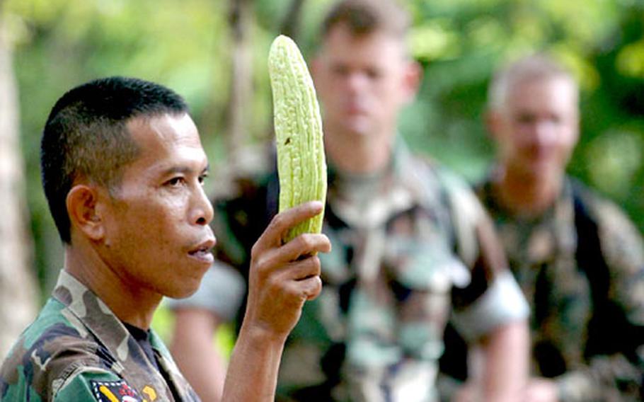 Royal Thai Marine reconnaissance officer Pranom Yodrug demonstrates for U.S. Marines one of the vegetables that can be found in the jungle. Most plants in Thailand are edible, the officer explained, so the key is learning to identify the ones that are not.