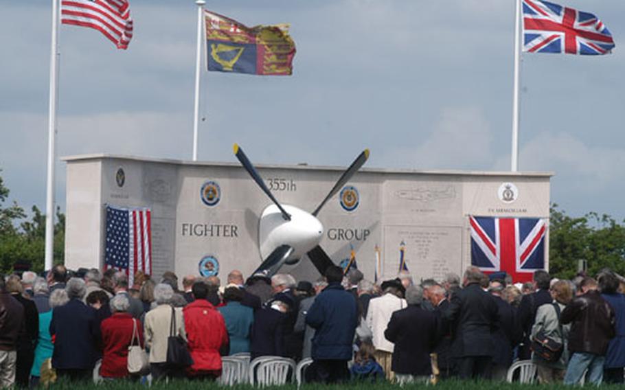 The base where the 355th Fighter Group was stationed during World War II is now an English wheatfield. But a memorial tells the story. More than 200 people gathered there Saturday to remember the aviatiors who died flying from the base.