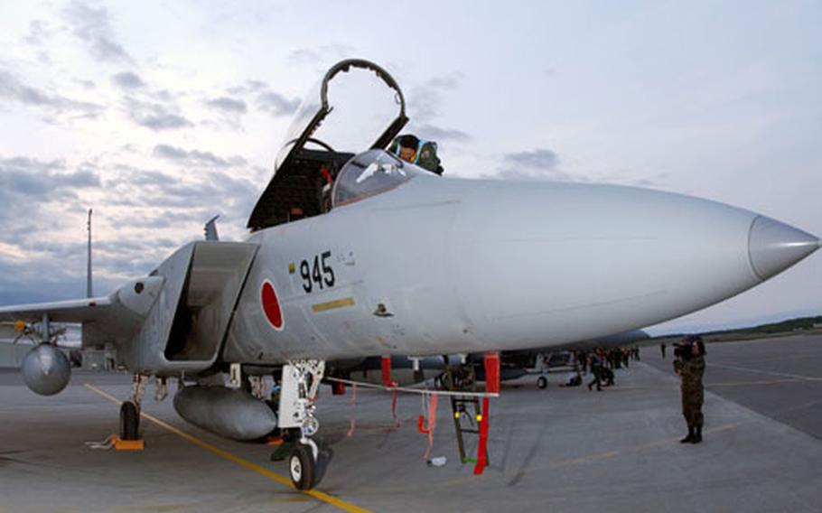 One of six Japan Air Self Defense Force F-15J fighters reaches its parking spot on the Elmendorf Air Force Base, Alaska, flightline Tuesday following a flight to the 49th state from Japan for Cope Thunder. The June 5-20 exercise represents the first time the JASDF has deployed fighter aircraft to North American soil for an exercise.