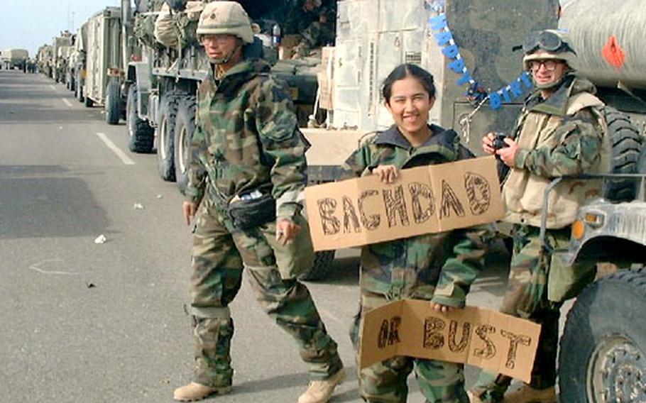 At the beginning of the 212th&#39;s convoy into Iraq, Spc. Alexis Farfan, an X-ray technician, expresses the unit&#39;s goal. Behind her are anesthetician Maj. Barry Vance, right, and Lt. Col. John Cho, a cardiothorasic surgeon.