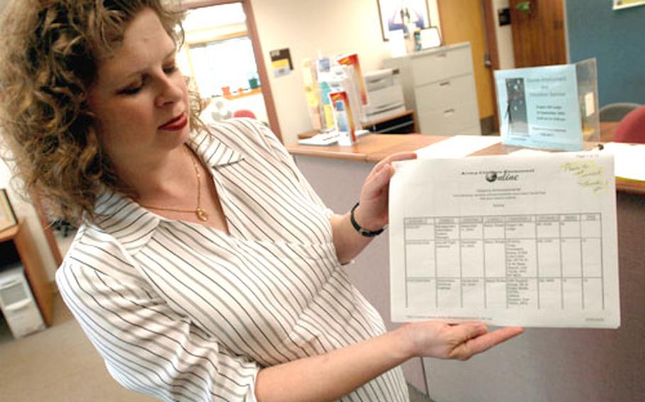 Lisa Wiedmann, employment readiness manager for Army Community Service, shows a list of government jobs available on base.
