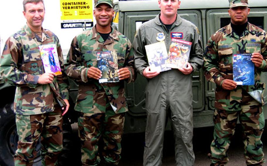 Courtesy to Stars and Stripes Operation Comix Relief founder Chris Tarbassian was friends with U.S. Air Force Capt. Tom Chafe, second from right, when Chafe was deployed to an undisclosed location in support of Operation Enduring Freedom. This photo was taken at Ramstein Air Base, Germany, where Chafe, a flight nurse, now is stationed. Others in the photo are not identified.