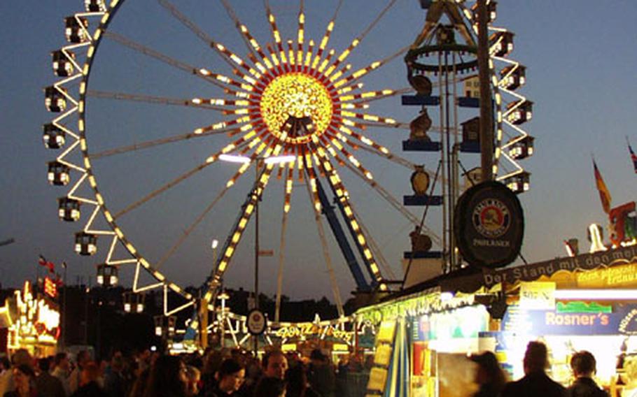 Oktoberfest in Munich, Germany, may be most beautiful at night when the rides and attractions light up. A ride on the Ferris Wheel is one of the best ways to view the fest.