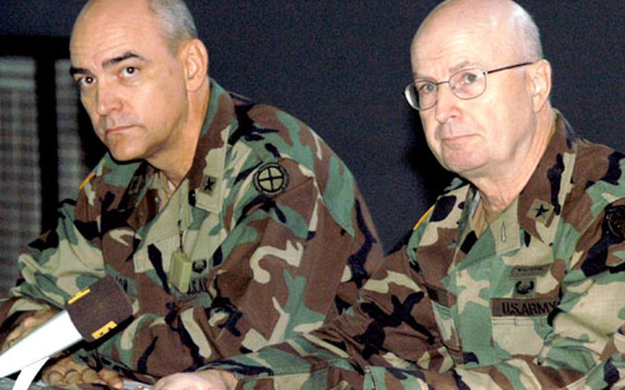 Brig. Gen. Richard C. Nash, right, of 34th Minnesota National Guard Infantry Division took over the command of Multinational Brigade North from Brig. Gen. James R. Mason of 35th Kansas National Guard Infantry Division.