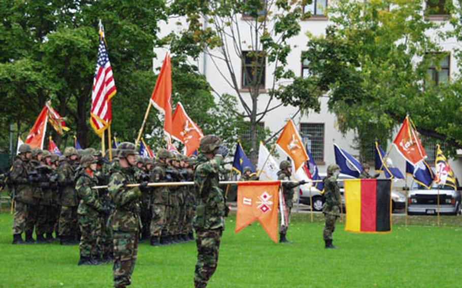 Platoons of both U.S. and German troops took part in the hour-long cermony held behind the 5th Signal Command Headquarters on Funari Barracks in Mannheim, Germany.