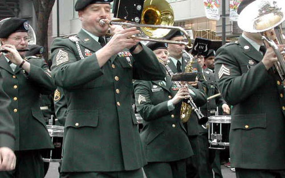 Army musicians with the USARJ Band from Camp Zama, perform in the 2003 St. Patrick&#39;s Day Parade in Tokyo.