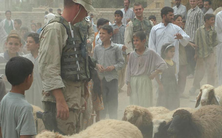 A sergeant with the Illinois National Guard&#39;s 333rd Military Police Company watches as a small herd of sheep runs through the village of al-Jawdia, Iraq. Children chased the sheep a few meters into a dead-end alley and then harassed them as they came back out a few minutes later. This was the only time that the children&#39;s focus wasn&#39;t on the soldiers. A five-person team from the 161st Area Support Medical Battalion was in the town providing medical care for villagers.