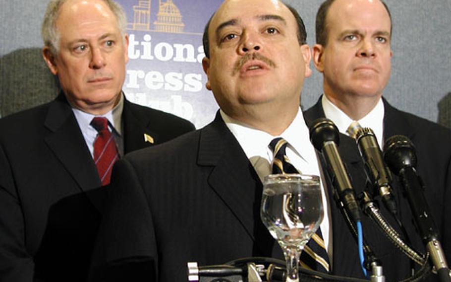 California Lt. Gov. Cruz Bustamante offers his support for the fund. Behind him are Lt. Govs. Pat Quinn of Illinois, left, and Charles Fogarty of Rhode Island.