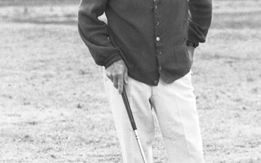 Bing Crosby on the driving range before pro-am for the 1976 German Open at Frankfurt.