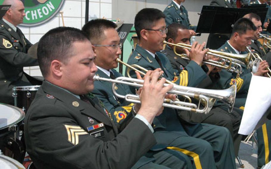 Members of the 2nd ID Band entertain the crowd along with members of the ROK Army 5th ID Band at Jeongok-ri.