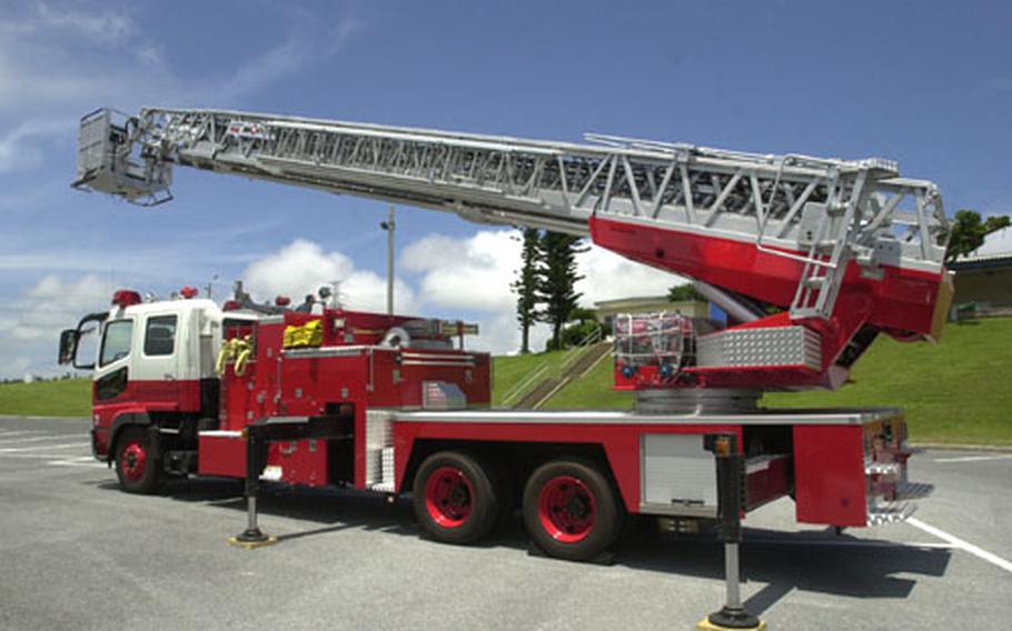 The newest Marine Corps fire truck on Okinawa is the largest in the Department of Defense arsenal in the Pacific, towering just above 134 feet. The truck cost $750,000.