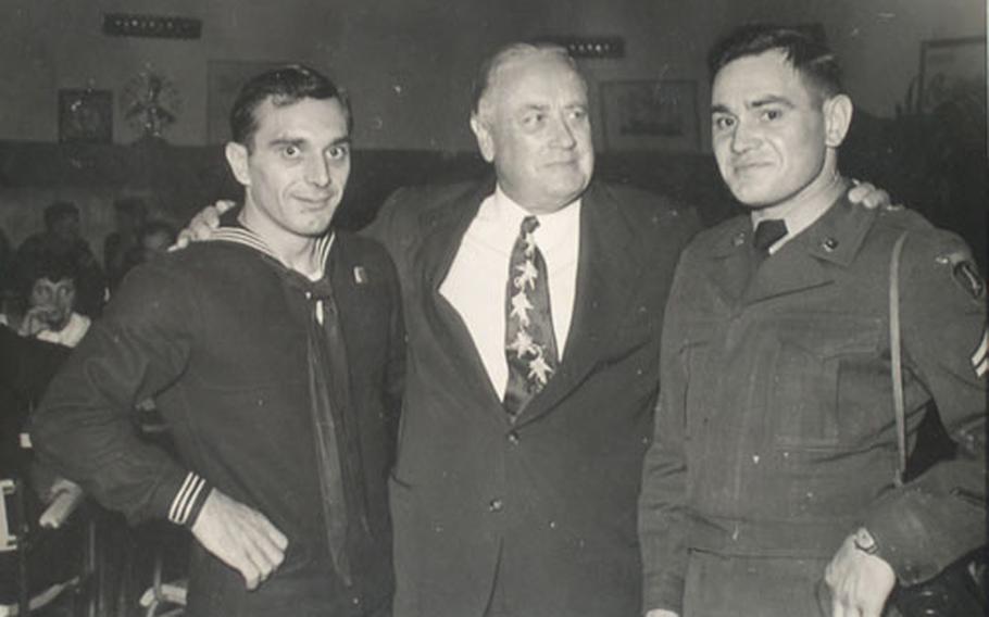 Wisconsin Sen. Alexander Wiley mugs with sailor Lawrence Seliger and Army Cpl. Mark Seliger, constituents from Marathon, Wis., in this undated photo. Both sailor and senator alike visited Naples&#39; United Seamen&#39;s Service Center, as well as many top Italian singers and musicians, and military and civilian officials.