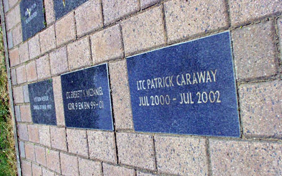Alongside the planned monument to 1st Infantry Division war dead, unit commanders plan to place memorial bricks of simple gray marble in honor of each Big Red One soldier killed during Operation Iraqi Freedom. The stone will include the soldier&#39;s name, unit, and dates of birth and death. So far 65 have died, said Staff Sgt. Christopher Barberi, the division&#39;s rear-detachment operations commandant: 31 from its Germany-based units, which deployed in February and March; and 34 from its 1st Brigade, based in Fort Riley, Kansas.