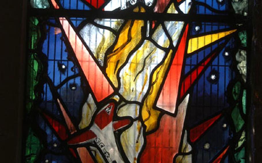 A detail from a stained glass window in St. George&#39;s Church, Anstey, England, shows a B-17 Flying Fortress. The window is dedicated to the men of the 398th Bomb Group who lost their lives flying for a nearby base during World War II.