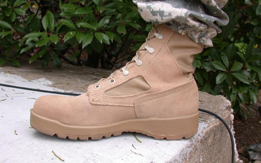 The new Army boots come in two versions, both of which are tan-colored suede: a hot-weather version; and a “temperate climate” boot with Gor-Tex liner.