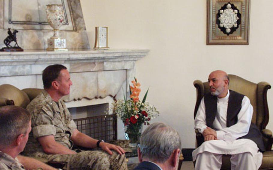 Gen. James L. Jones, supreme allied commander of NATO, meets with Afghanistan&#39;s President Hamid Karzai.