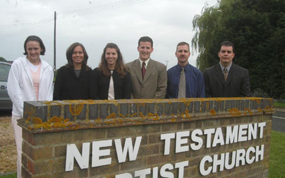 Members of the New Testament Baptist Church in Kenny Hill, England, will travel soon to Romania to hold a vacation Bible School in a church. Some of those travelers are, from left, Amanda Huxton, Andrea Kaltenbaugh, Dorsey Henderson, Staff Sgt. Joshua Sandifer, Senior Master Sgt. Jake DeField and the Rev. Todd Adams.