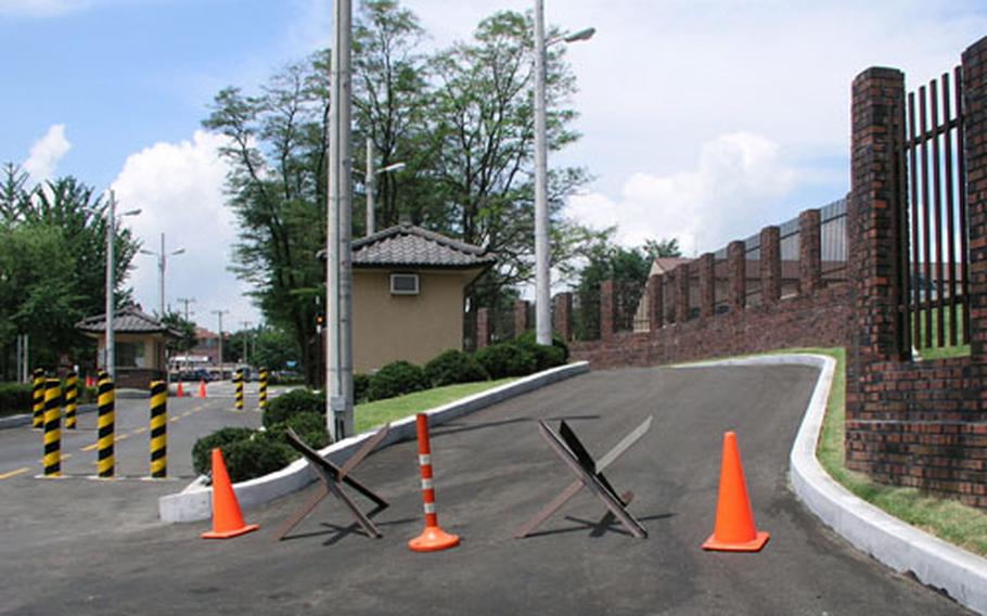 A newly installed vehicle search area inside the Main Gate at Osan Air Base, South Korea, is one of numerous anti-terrorist upgrades made to two of the base gates.