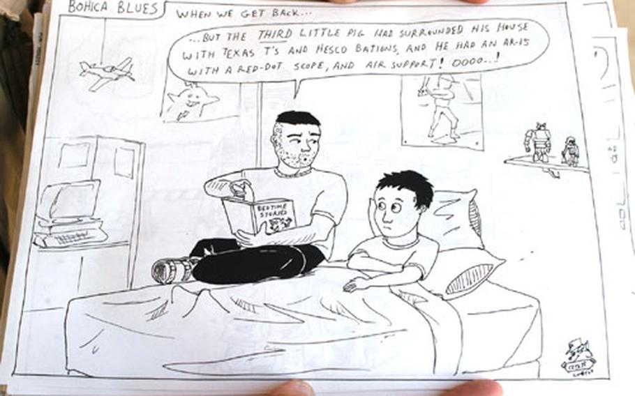 Staff Sgt. Chris Grant poked fun at soldiers&#39; returning home with this comic, in which a soldier tells his son about the Third Little Pig, whose house had, among other defenses, "an AR-15 with a red-dot scope, and air support!"
