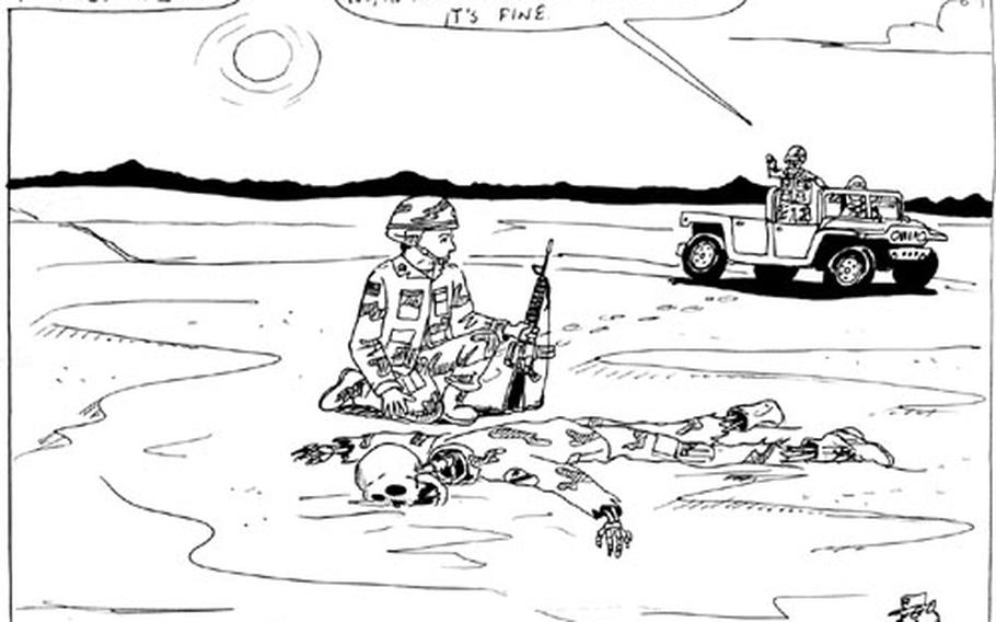Staff Sgt. Chris Grant drew this comic — in which a soldier looks down at a skeleton while another soldier calls out from a distance that as long as the skeleton is wearing a DCU top, everything is OK — after a divisional policy was passed down to troops requiring them to wear the desert camouflage uniform top at all times.