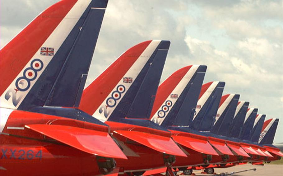 Aircraft belonging to the Royal Air Force&#39;s Red Arrows flying team sit at RAF Mildenhall, England, during Air Fete 2000. The air show, which has brought 500,000 to the base for one weekend, has not been held since 2001. The base is considering whether it will be held in 2005.