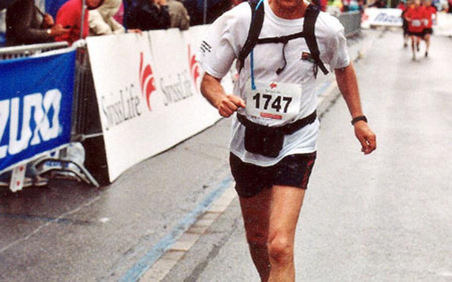 Rainer Schulz, a retired Army officer and IMA-Europe employee, finishes a marathon in Biel, Switzerland, earlier this year. He will compete at the end of the August at the Mont Blanc Run, a nearly 100-mile race beginning in Chamonix, France.