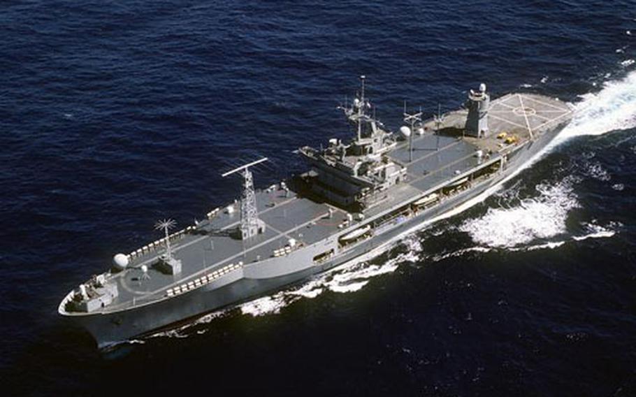 A port bow view of the amphibious command ship USS Mount Whitney during the joint service Exercise Ocean Venture `93.