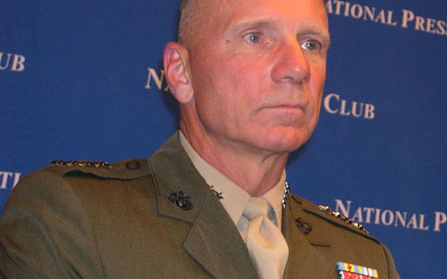 Marine Corps Commandant Gen. Michael W. Hagee speaks about the state of the Marine Corps to a crowd of about 200 people at a luncheon held at the National Press Club on Monday in Washington, D.C.