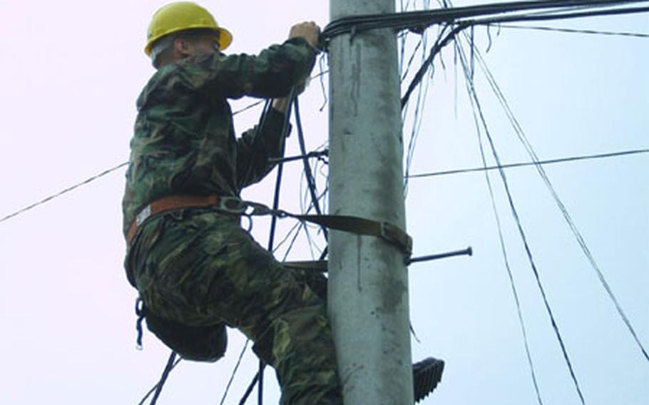 Pfc. Jarrod McBride, a cable systems installer-maintainer with Company C, 307th Signal Battalion, installs communications cable at Camp Carroll during the 1st Signal Brigade&#39;s external evaluation.