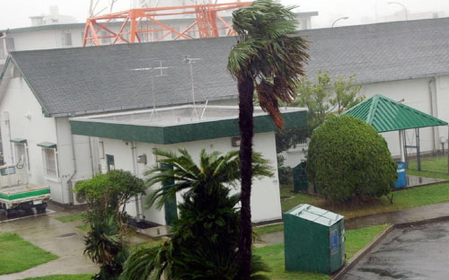 From the top floor of the old Marine Barracks along Sasebo Naval Base’s California Drive, the wind from Typhoon Chaba whips the branches of palm trees next to the Armed Forces Network building Monday afternoon. The typhoon was at its worst in the early afternoon hours with wind velocity of about 39 mph with gusts up to 56 mph.