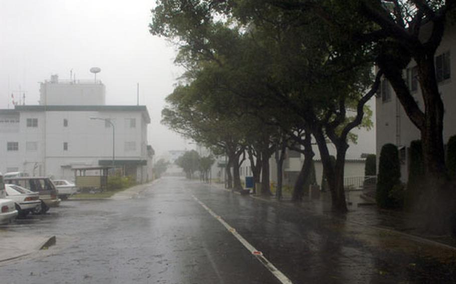 Typhoon Chaba made one of Sasebo Naval Base’s main drags, California Drive, is deserted as Thyphoon Chaba comes to town. The typhoon was at its worst in the early afternoon with wind velocity of about 39 mph with gusts up to 56 mph.