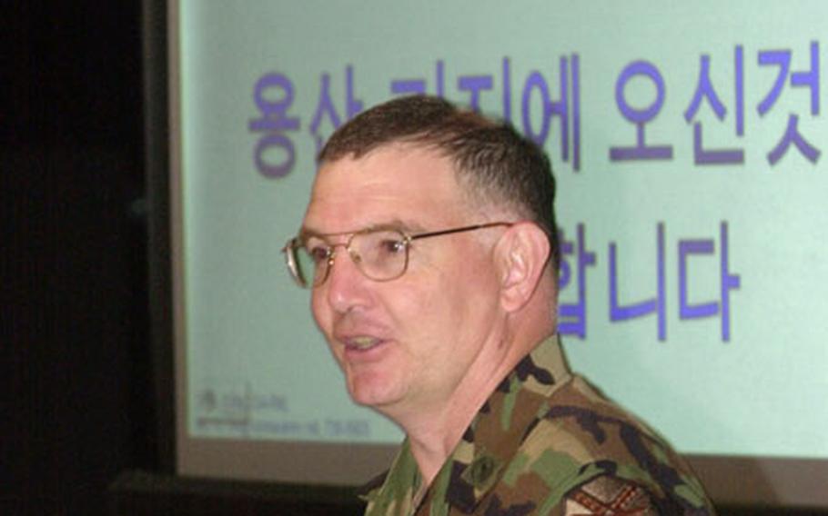Area II commander Col. Timothy McNulty welcomes a group of Korean National Police to Yongsan Garrison Monday.