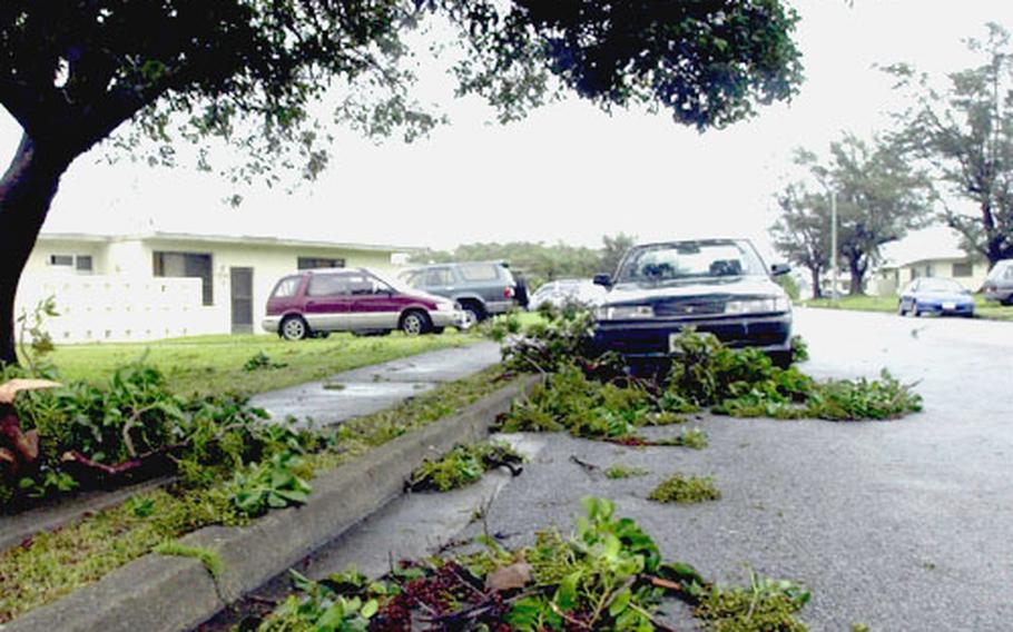 Tree limbs are scattered along a road in the Futenma Housing area of Camp Foster Monday night in the wake of Typhoon Songda.