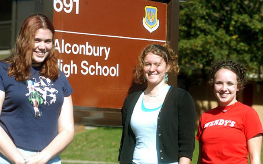 From left, Crystal Woideck, Caitlin Laingen and Katie Thompson are seniors this year at Alconbury High School, RAF Alconbury, England. All three say they will enjoy being seniors, despite the hard work and the expectations.