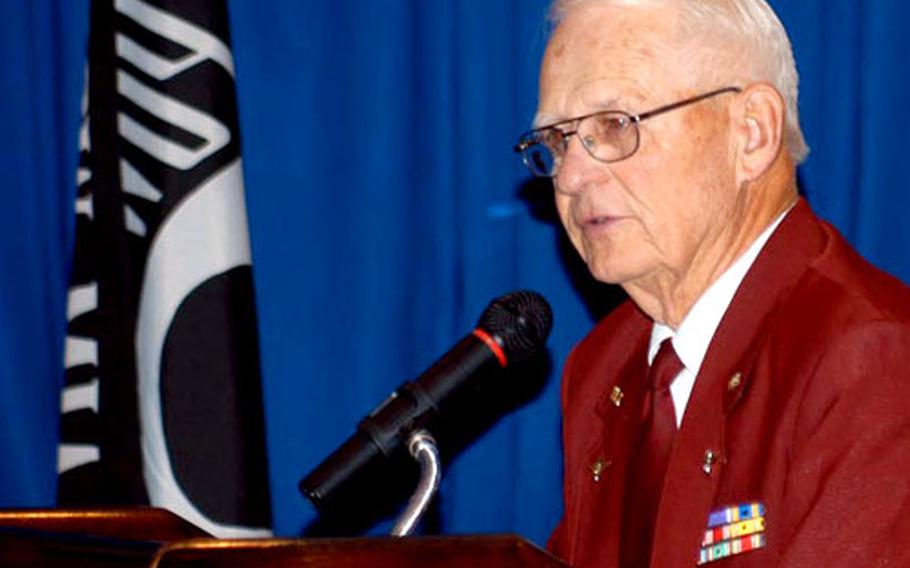 Robert E. Ball, a former Army Air Corps first lieutenant who spent nearly a year as a prisoner of war in Germany, spoke Tuesday during the National POW/MIA Recognition Day luncheon on Rhein-Main Air Base, Germany.