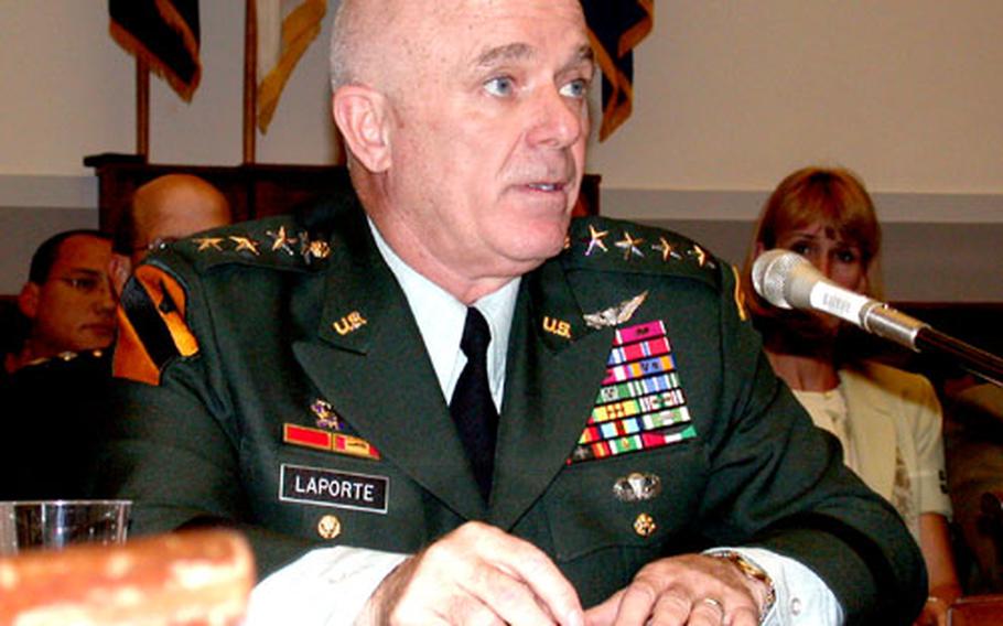 Gen. Leon J. LaPorte, commander of U.S. Forces Korea, testifies Tuesday at an issue forum for the House Armed Services Committee on enforcing U.S. policies against prostitution and human trafficking, updating members of Congress on progress of the military&#39;s zero-tolerance policy.