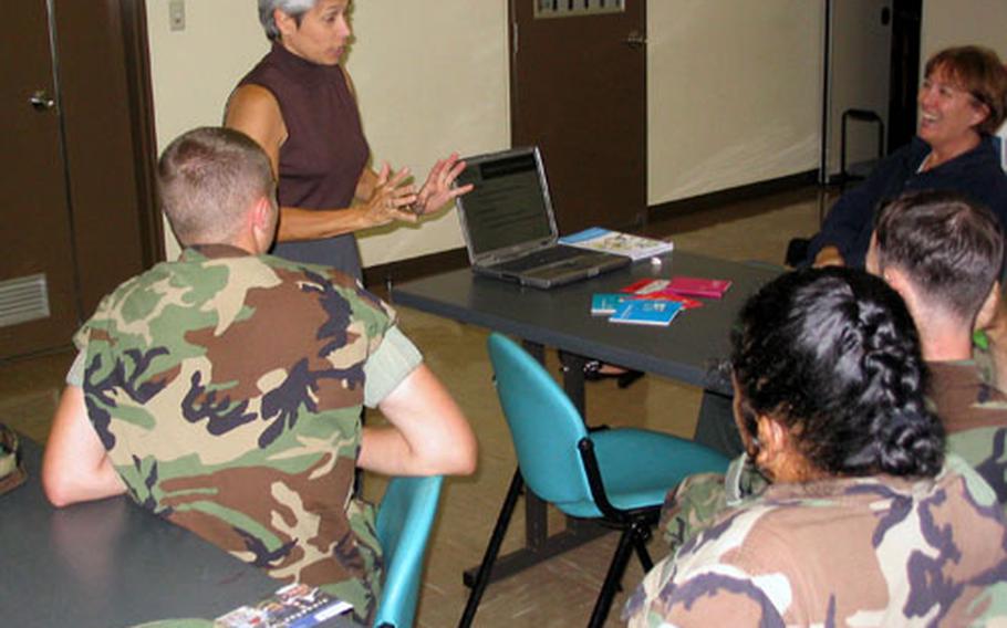 Nancy Avila, a representative with Navy One Source, visited Sasebo Naval Base last week to remind personnel about the services offered by the Web site. She met with a group at the Hario Housing Village on Thursday night to outline the free service.