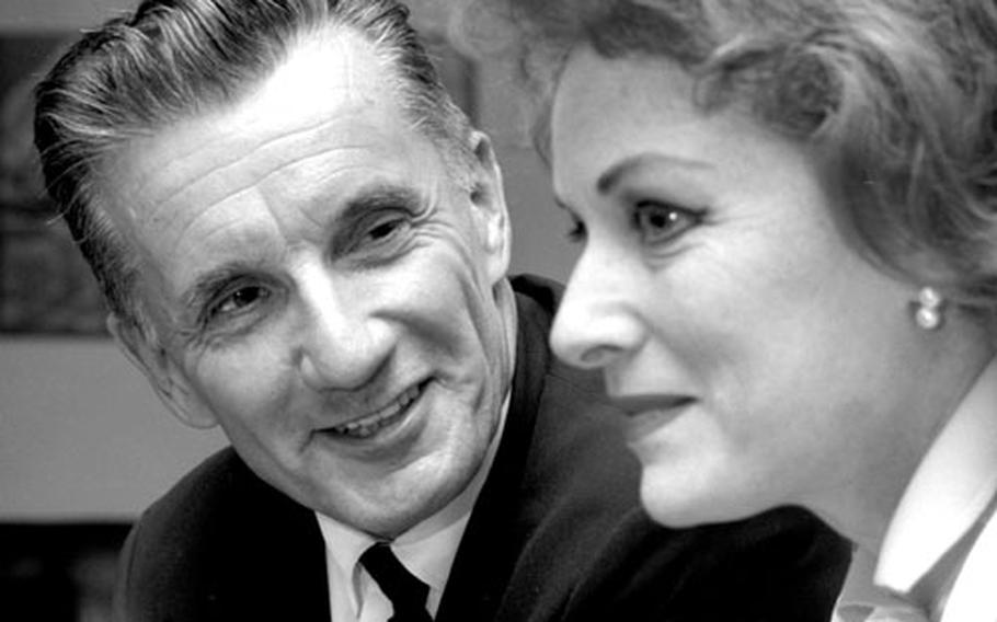 Actress Maureen O'Hara and her husband, airline pilot Charles F. Blair, during a stopover in Frankfurt on his retirement flight in July, 1969.