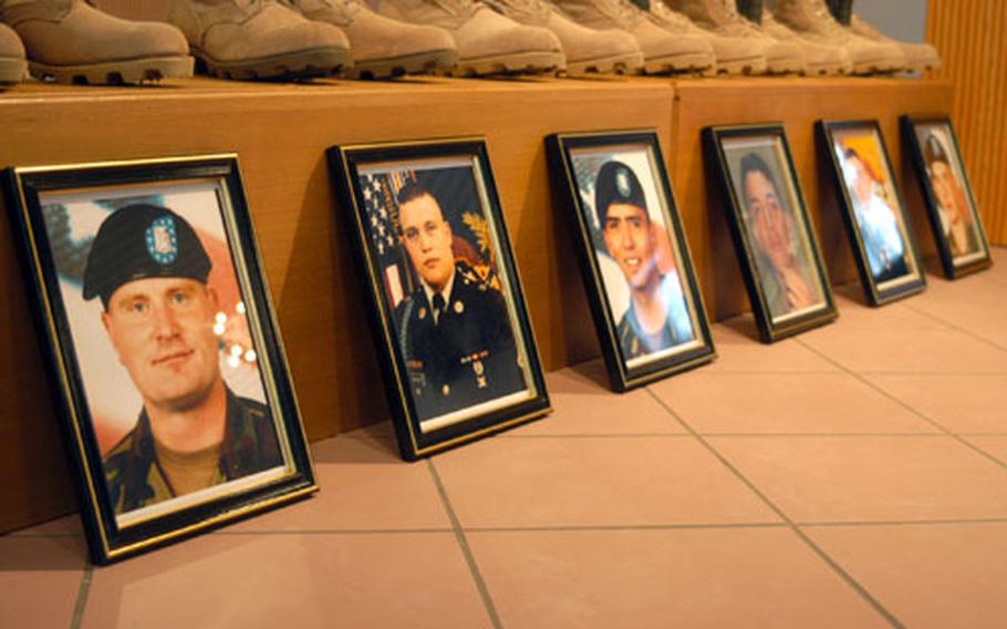 Photos of the six Vilseck soldiers killed in Iraq last week. The men were remembered in an emotional service at the Vilseck Chapel on Monday.
