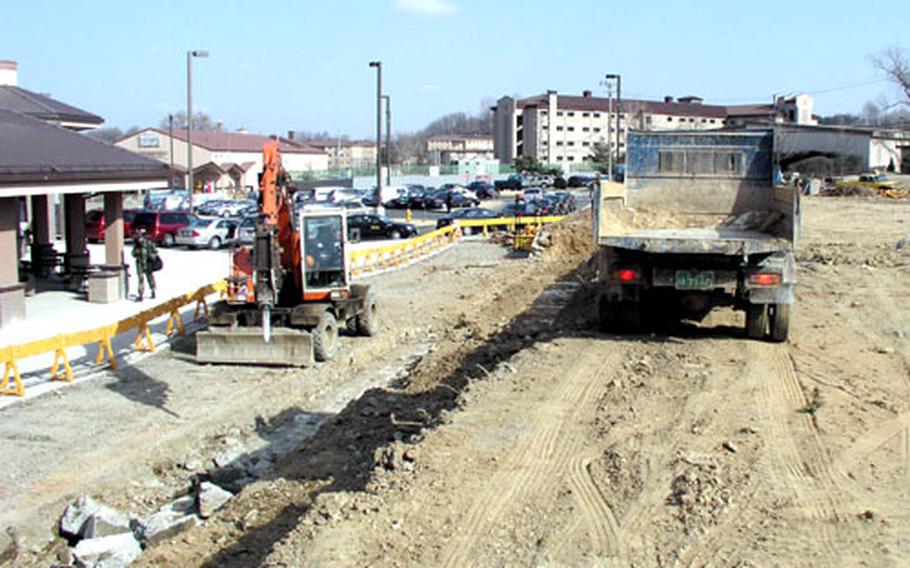 Work continues on a 104-space parking lot that will serve the recently opened Osan Shopping Mall.