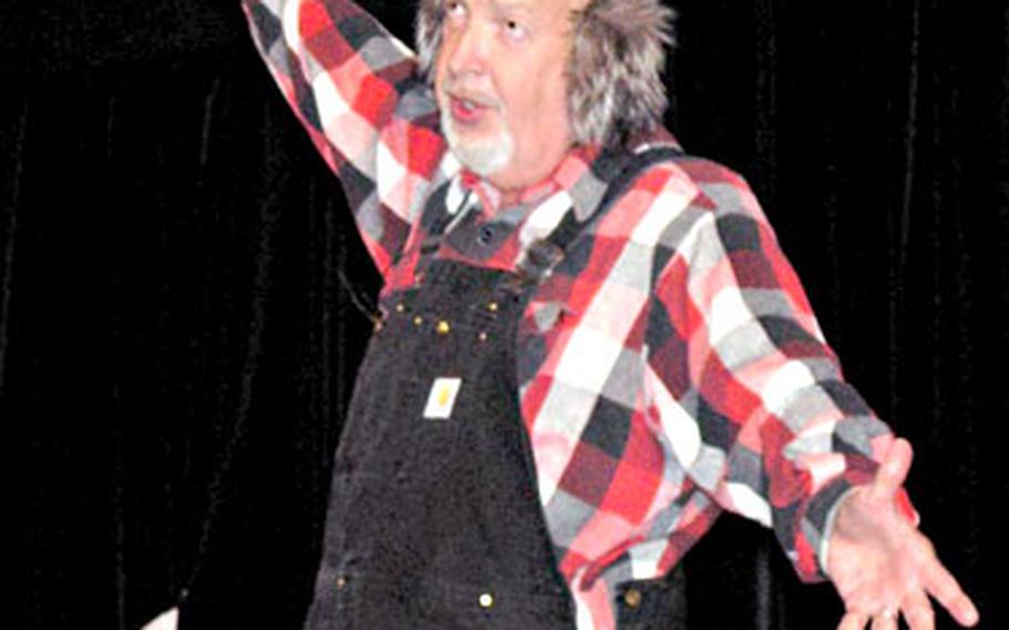 Thayne Andersen, a substance abuse counselor for the 80th Area Support Group in Mons, Belgium, performs his one-act play "Alaska Nuggets —Mostly Golden.”