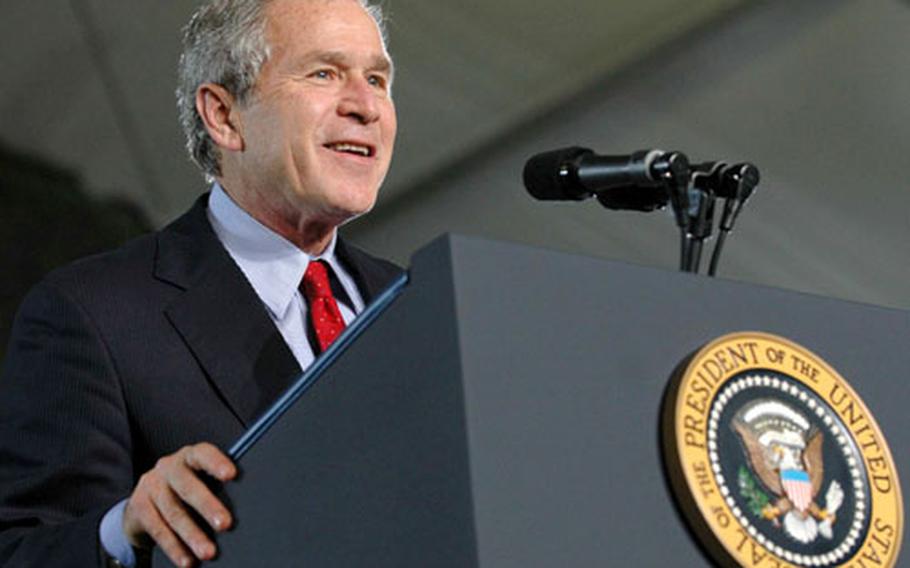 President Bush addresses the troops Wednesday at Wiesbaden.